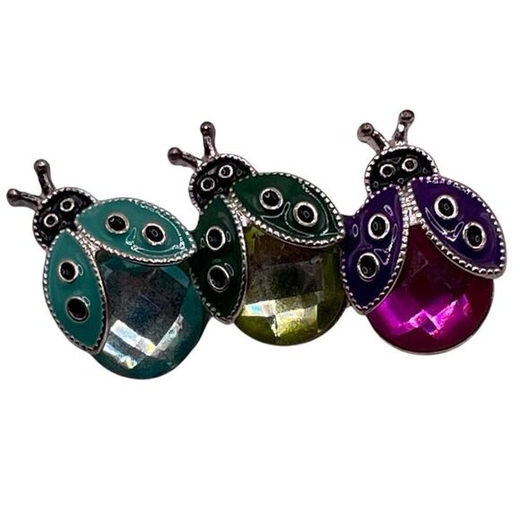 Vintage Ladybugs Brooch Pin Jeweled Silvertone 1 1/2” Width Whimiscal Fairycore - Picture 2 of 7